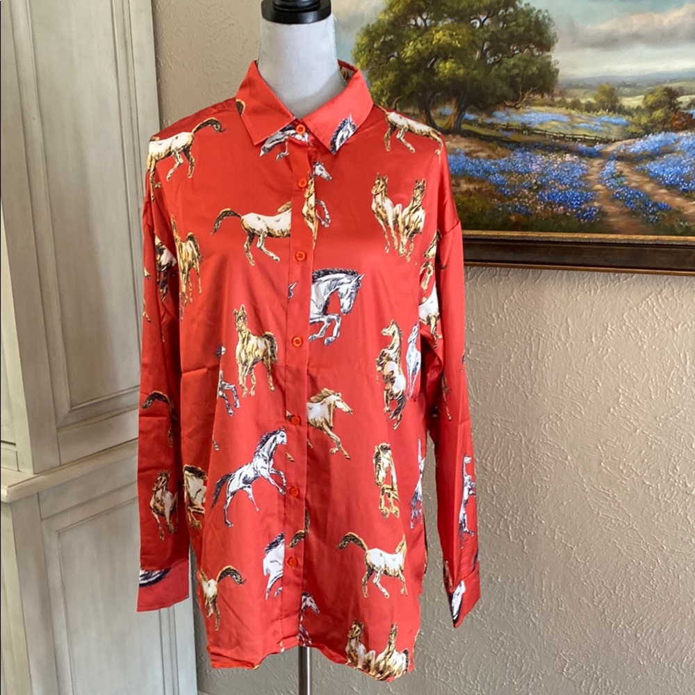 Rust Horse Print Button Down Shirt